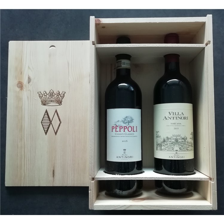 GESCHENKBOX : Holzkiste mit 1 Flasche Villa Antinori Rosso Antinori - 1 Flasche Chianti Classico Peppoli Antinori GESCHENKBOX : Holzkiste mit 1 Flasche Villa Antinori Rosso Antinori - 1 Flasche Chianti Classico Peppoli Antinori