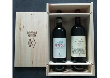 GESCHENKBOX :  Holzkiste mit 1 Flasche Villa Antinori Rosso   Antinori - 1 Flasche Chianti Classico Peppoli  Antinori