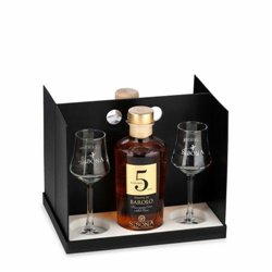 Distilleria Sibona - Confezione Box in Tavola (2 Bt. x50cl) : Grappa Barolo 5 anni e Grappa Whiskey con 4 bicchieri