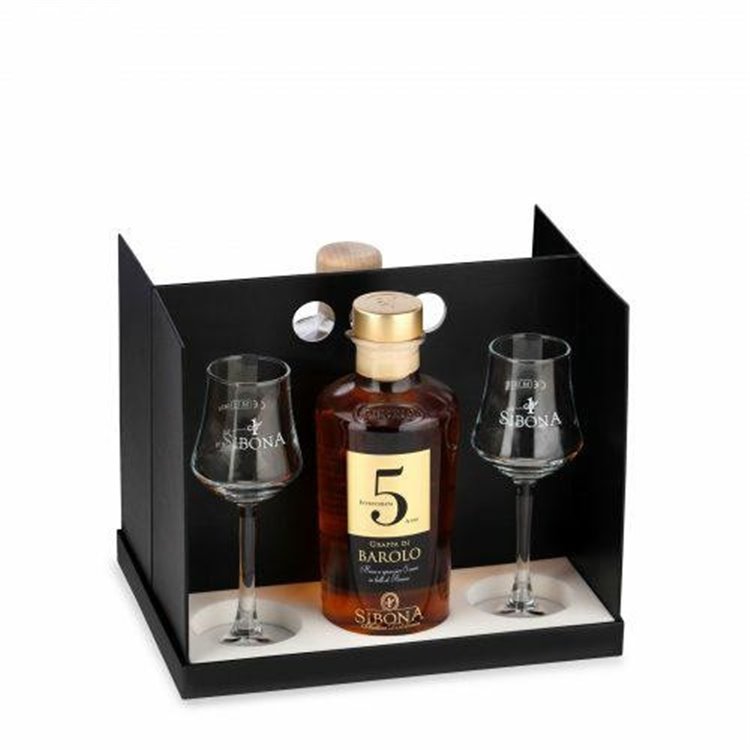 Distilleria Sibona - Confezione Box in Tavola (2 Bt. x50cl) : Grappa Barolo 5 anni e Grappa Whiskey con 4 bicchieri