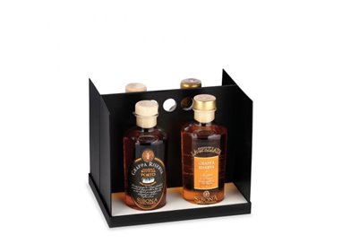 Distilleria Sibona - Confezione Box in Tavola (4 Bt. x50cl) : Grappa La Speziata, Amaro, Grappa Botti da Porto, Grappa Moscato