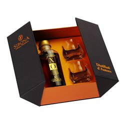 Distilleria Sibona - Ausstellungs-Geschenkset Sibona 1 Bt. Grappa XO mit 2 Gläsern 0,5 l.