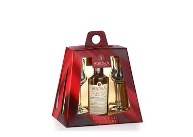 Distilleria Sibona - Confezione Piramide 1 bt. 50cl Grappa di Moscato e 4 bicchieri degustazione
