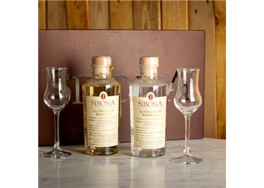 Distilleria Sibona - Poker-Geschenkbox (2x 50cl) Grappa di Moscato und Grappa di Nebbiolo mit 2 Probiergläsern