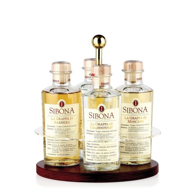 Distilleria Sibona -Esclusivo Portabottiglie per 4 Grappe Graduate Sibona (4x50cl) Distilleria Sibona -Esclusivo Portabottiglie per 4 Grappe Graduate Sibona (4x50cl)