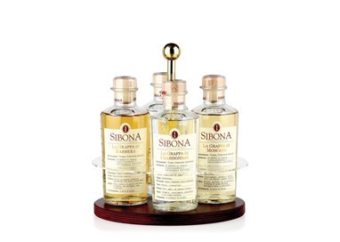 Distilleria Sibona -Esclusivo Portabottiglie per 4 Grappe Graduate Sibona (4x50cl)