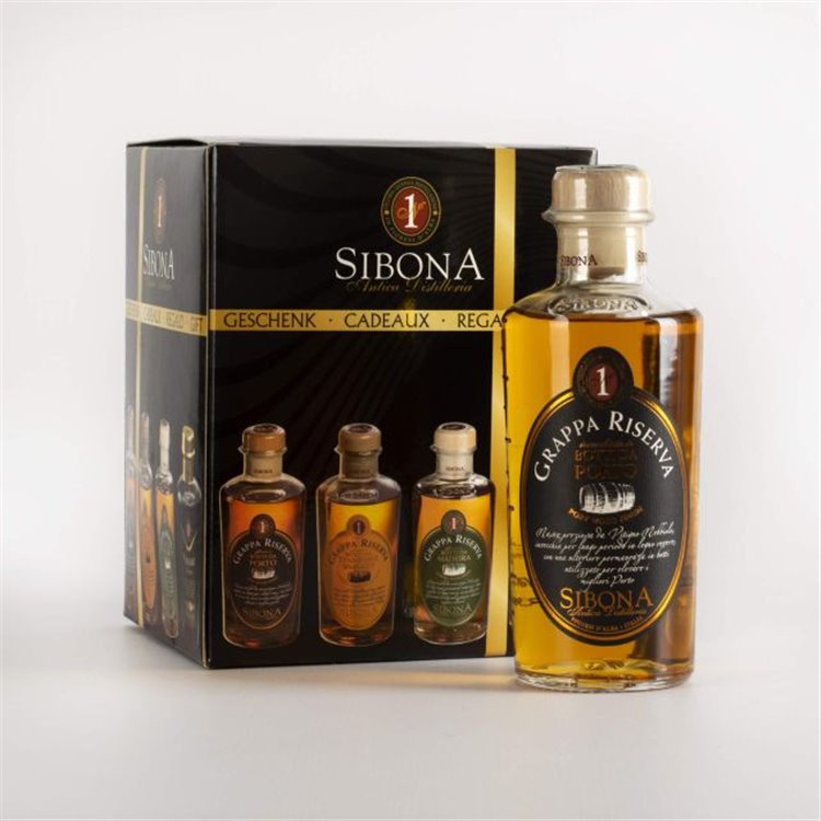 Distilleria Sibona - Verkostungsgeschenkpaket Grappa Riserva Botti da Porto, da Whiskey, da Madeira, Amaro Sibona (4x50cl) Distilleria Sibona - Verkostungsgeschenkpaket Grappa Riserva Botti da Porto, da Whiskey, da Madeira, Amaro Sibona (4x50cl)
