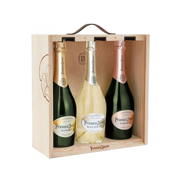 PERRIER-JOUET CONFEZIONE in LEGNO Brut + Rose + Blanc de blancs PERRIER-JOUET CONFEZIONE in LEGNO Brut + Rose + Blanc de blancs
